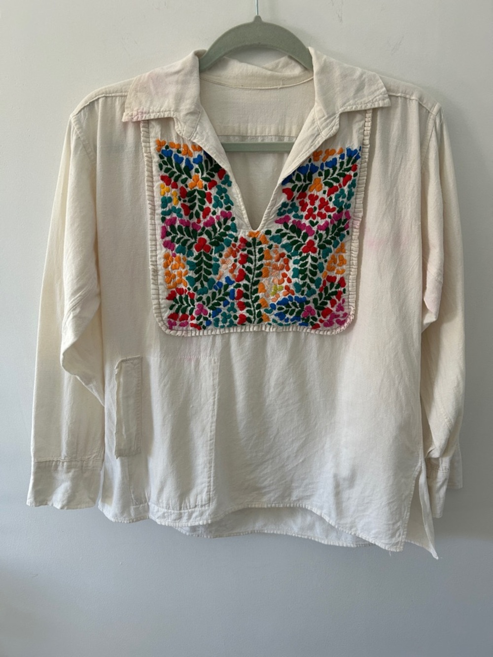 Vintage Embroidered Boho Pullover Top - Hippie Floral Bib and Wide Collar